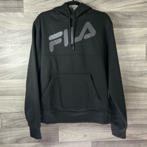 Fila Mens Hoodie Sweatshirt Black Spellout Long Sleeve Logo Kangaroo Pocket S - Picture 1 of 12